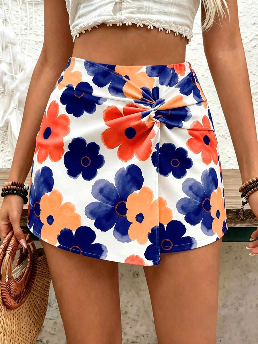 SHEIN Holidaya 女士夏季沙滩度假印花扭结短裙 - 彩色 - 查看 1