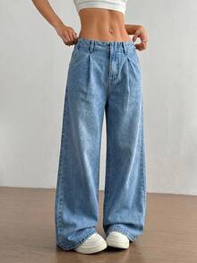 SHEIN LUNE Women's Casual Y2k Everyday Washed Fold-Over Pleated Wide Leg Jeans Back-To-School Light Blue Summer - Blue - View 1