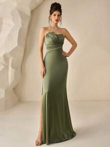 Coutiva Women's Solid Color Asymmetrical Strapless 3D Pleated Design Fitted Formal Evening Gown Wedding Guest Mermaid Strapless Dress  Embellished - Green - View 4