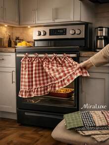 1PC Handmade Country Style Plaid Ruffled Tie On Stove Cover Oven Curtain Dishwasher Washing Machine Cover Easy Installation No Tools For Kitchen Laundry Farmhouse Decor Kitchen Supplies Home Accessories - View 5