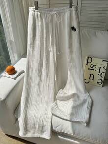 Comfortcana 大尺碼休閒紋理刺繡細節抽繩腰長褲 - 白色 - 查看 3