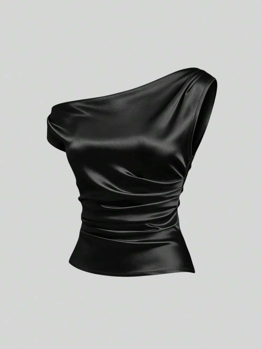 Sweetra Spring/Summer New Women's French Off-Shoulder Fitted Pleated Satin Pink Blouse, Suitable For Casual Wear, Parties And Evening Events - Black - View 1