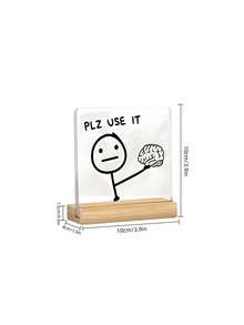 Haus Hana 1PC/2pcs/3pcs Square Acrylic Desktop Ornament With Wooden Base, Featuring A Stick Figure Design And The Phrase "Plz Use It". Makes A Great Gift For Friends. - multicolor - View 11