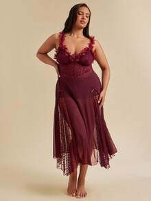 SHEIN BAE CURVE 大码女式性感蕾丝花网眼吊带裙，鱼骨腰设计 - 紫紅色 - 查看 3