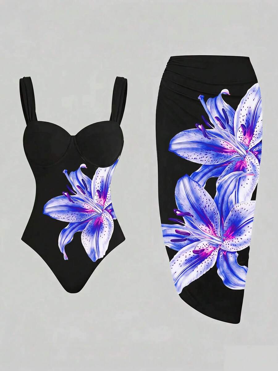 Swim Oasis 女款夏季海灘度假印花時尚連身泳衣附遮陽裙 - 彩色 - 查看 1