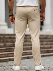Manfinity Homme Men's Solid Color Button Front Pocket Minimalist Casual Suit Pants, Fall - Khaki - View 2