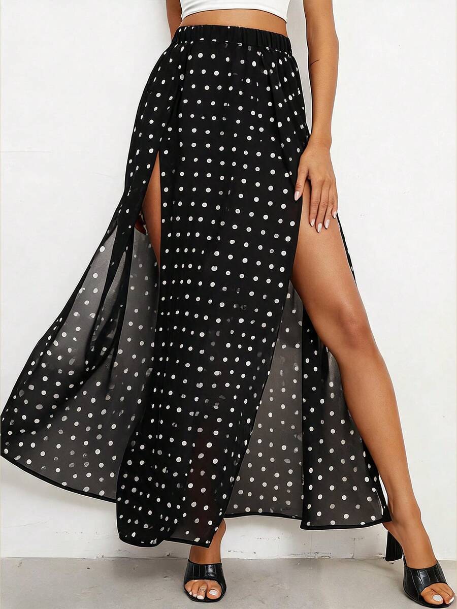 Travachic Black Polka Dot Chiffon Sheer Slit Skirt For Women Summer Holiday Outfits For Women Night Sexy - Black and White - View 1