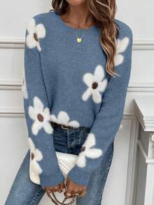 EMERY ROSE Autumn/Winter Casual Floral Pattern Women's Sweater - Blue - View 6
