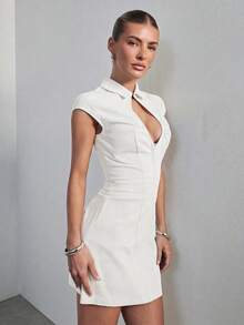 Hauture Women's Stretch Keyhole Neckline Shirt Dress With Hook And Eye Opening Sexy Office Night Out Wear Cream White Summer - White - View 5
