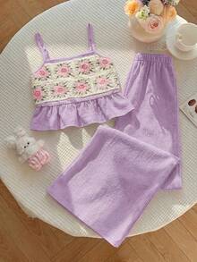 Emery Rose Kids Emery Rose Kids 女童钩针花卉荷叶边吊带背心和裤子套装 - 紫色 - 查看 3