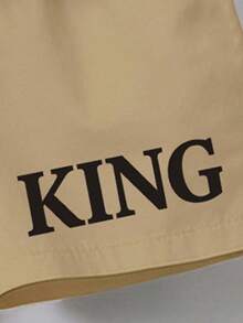春夏男嬰休閒時尚創意個性化清新簡約卡其色直條紋 KING 字母標語印花短袖 T 恤與短褲套裝，舒適日常穿著，舒適夏季風格，適合春夏男童穿搭套裝 - 彩色 - 查看 5