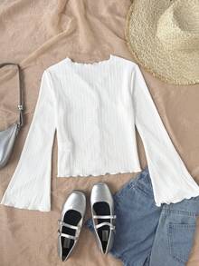 SHEIN Ragazza pre-adolescente casual quotidiano maglia con colletto arricciato bianco aderente apertura frontale maniche lunghe a campana - Bianco - Visualizzare 2
