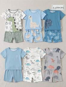 SHEIN 6pcs Snug Fit Pajama Set For Toddler Boys,Blue White Stripe,Summer,Cute,Family Matching,Ocean Shark,Dinosaur,Rocket & Planet Stretchy Sleepwear - Multicolor - View 4