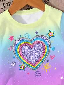 1pc Girls Rainbow Gradient Rhinestone Heart & Star Print Crew Neck Short Sleeve T-Shirt, Casual Summer Top For Daily Wear And Outings - Multicolor - View 4
