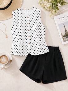 SHEIN XT26211 Bộ 2 món áo gile & quần short thường ngày phong cách Old Money mùa hè cho thanh thiếu niên, trang phục đi chơi thoải mái phù hợp mặc đi làm hàng ngày và đi nghỉ lễ - Đen và trắng - Xem 7
