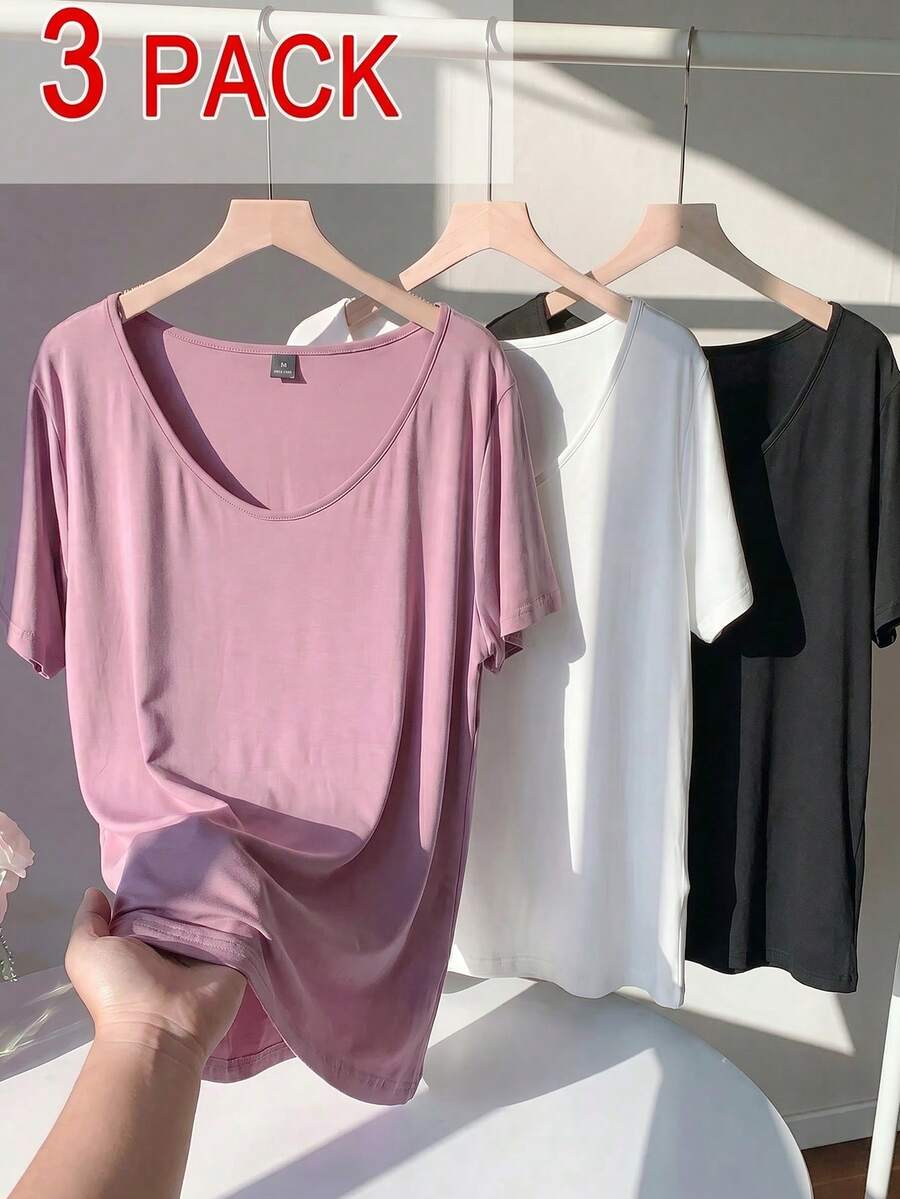SHEIN EZwear Bộ 3 áo thun cổ chữ V mềm mại, màu trắng + đen + tím nhạt, cỡ lớn, dễ phối đồ cho mùa xuân và hè. - Bụi tím - Xem 1