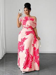 Maweii Plus Size Floral Print One Shoulder Ruched Waist Slimming Outing Vacation Dress - Baby Pink - View 1