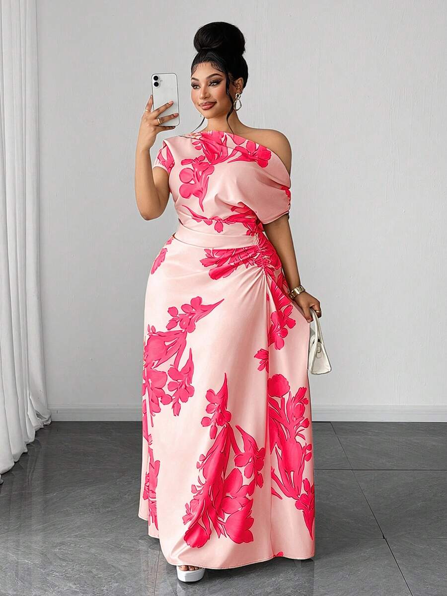 Maweii Plus Size Floral Print One Shoulder Ruched Waist Slimming Outing Vacation Dress - Baby Pink - View 1