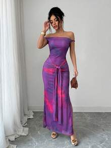 Elenzga Women's Summer New Elegant Sexy Beach Night Out Vacation Mesh Purple Sequin Print Off-Shoulder Fitted Dress - Bold Plum - View 6