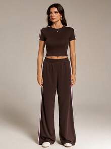 SHEIN Tall Women's Striped Patchwork Round Neck Short Sleeve T-Shirt And Wide Leg Pants Casual 2 Pieces Set - Brown - View 6