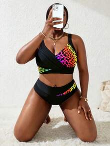 Slaydiva Conjunto de traje de baño de 2 piezas para mujer talla grande con bloques de color negro & rosa, camisola fruncida, separables, para vacaciones de verano en la playa - Multicolor - Ver 6