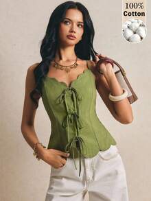 Poéselle Women's New Solid Color Front Tie-Up Shell Edge Design Pure Cotton Slub Woven Fashion Camisole - Green - View 2