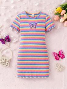 SHEIN LMoss Kids Conjunto de 2 piezas de vestido casual de niña joven con cuello redondo, de punto, unicolor, a rayas y patchwork de mariposa - Multicolor - Ver 3