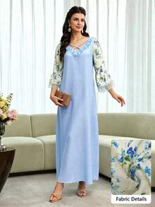 Al Najma 女款花卉印花蕾絲拼接百褶休閒派對阿拉伯風洋裝 - 彩色 - 查看 8