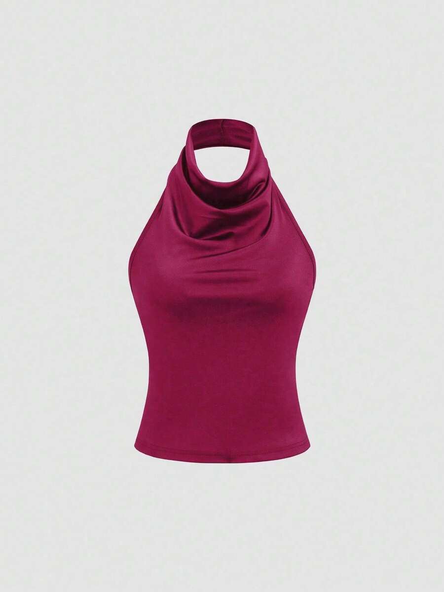 Sweetra Top básico elegante de cuello alto y espalda con cordón elástico ajustable - Burdeos - Ver 1