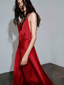 MOTF PREMIUM URBAN METAL RING DECOR CHAIN RUCHED LONG CAMI DRESS SPRING SUMMER - Red - View 2