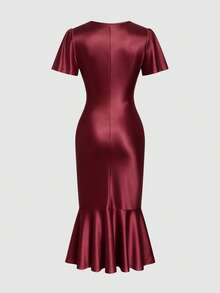 Elenzga Women's Overlap V-Neck Solid Color Short Sleeve Button Decor Fishtail Hem Dress - Burgundy - View 4