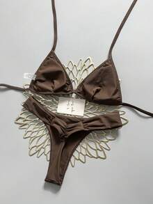 Swim Mod Summer Beach Women 2pcs Champagne Gold Sequin Fabric Triangle Tie Top & Ruched Bikini Bottoms Swimsuit Set - Brown - View 2