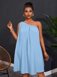 Slaydiva Plus Size Women's One Shoulder Sleeveless Solid Color Wide Leg Dress - Baby Blue - View 3