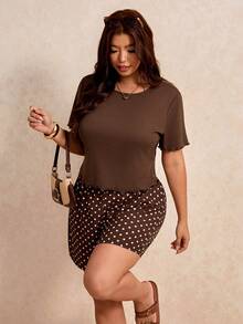 Elaquor Women's Plus Size Solid Color Round Neck Top And Geometric Pattern Shorts Set - Coffee Brown - View 1