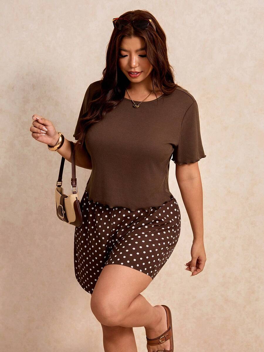 Elaquor Women's Plus Size Solid Color Round Neck Top And Geometric Pattern Shorts Set - Coffee Brown - View 1
