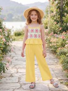 Emery Rose Kids Emery Rose Kids 两件套女童纯色梭织吊带背心和长裤套装 - 黃色 - 查看 11