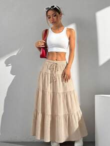 SHEIN EZwear Rok Midi Wanita Ukuran Plus Bergaris Model Ikat untuk Liburan Musim Gugur - Khaki - View 4