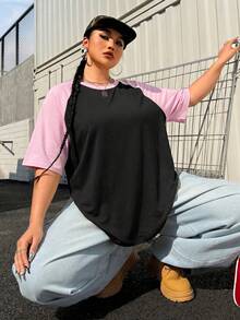 Muchica Camiseta Talla Grande de Verano Básica Casual con Manga Raglán Multicolor Patchwork Manga Corta Ajuste Holgado - Negro - Ver 3
