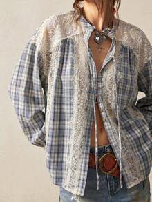 Bohemela Spring/Summer|Women's Casual Woven Vintage Plaid Lace Patchwork Shirt|Daily/Beach/Vacation/Festival/Party|Western|4th Of July|Country Concert|Juneteen - Blue - View 6