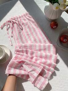 SHEIN EZwear Pink White Striped Drawstring Waist Casual Cute Pants, Plus Size Vacation Summer - Pink - View 7