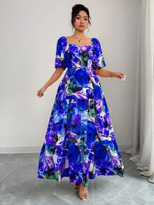 Elenzga Plus Size Square Neck Ruffle Sleeve Tropical Print Vacation Dress Wedding Guest Blue And White Summer - Purple - View 3