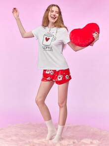 Provexi Provexi 女款大尺碼白色與紅色咖啡心形圖案短袖睡衣套裝，可愛日常居家休閒款 - 彩色 - 查看 5