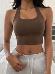 DAZY Light Shaping Solid Color Minimalist Wearable Sports Bra Tank Top For Women - Coffee Brown - View 5