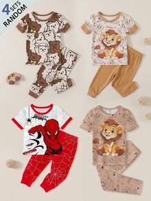 Baby Boy Casual Cartoon Bear Pattern Slim Fit Round Neck Comfortable Short Sleeve Pants Pajamas, Suitable For Spring & Summer 4 SETS RANDOM Snug Fit - Multicolor - View 2