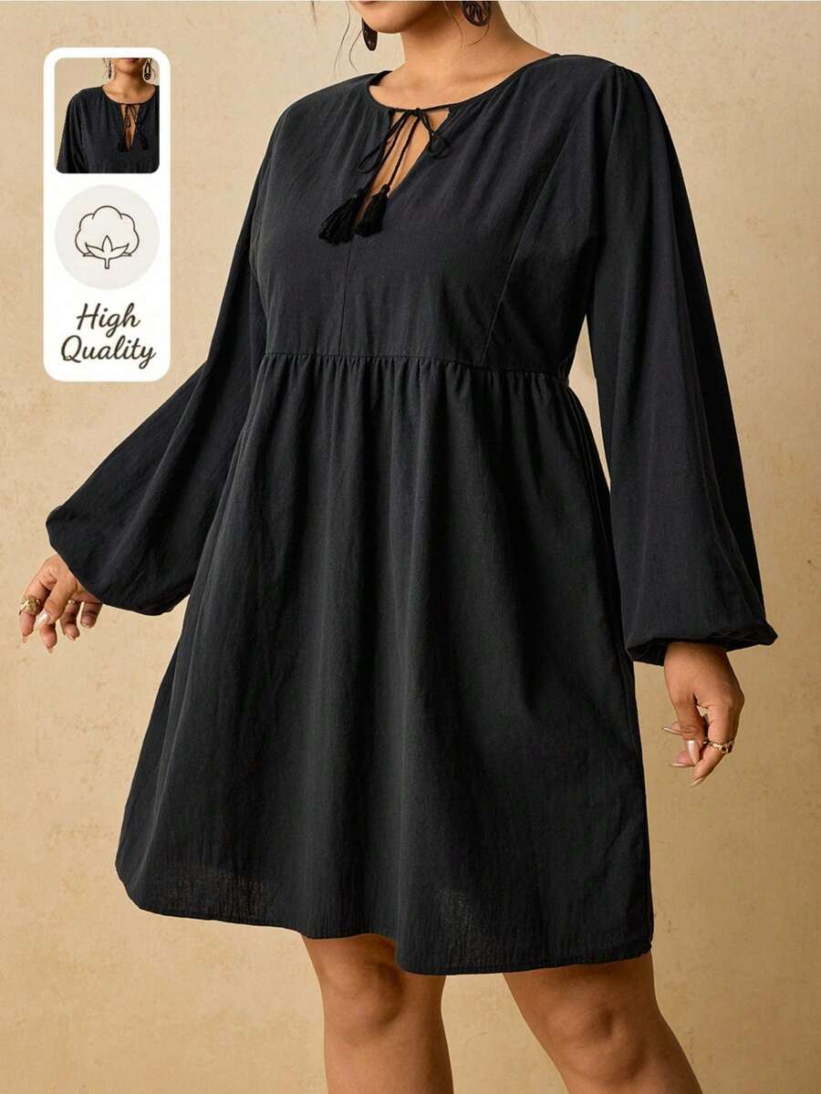 Travachic 大码休闲波西米亚风黑色100%纯棉系带蝴蝶结长袖宽松迷你连衣裙(女款) - 黑色 - 查看 1
