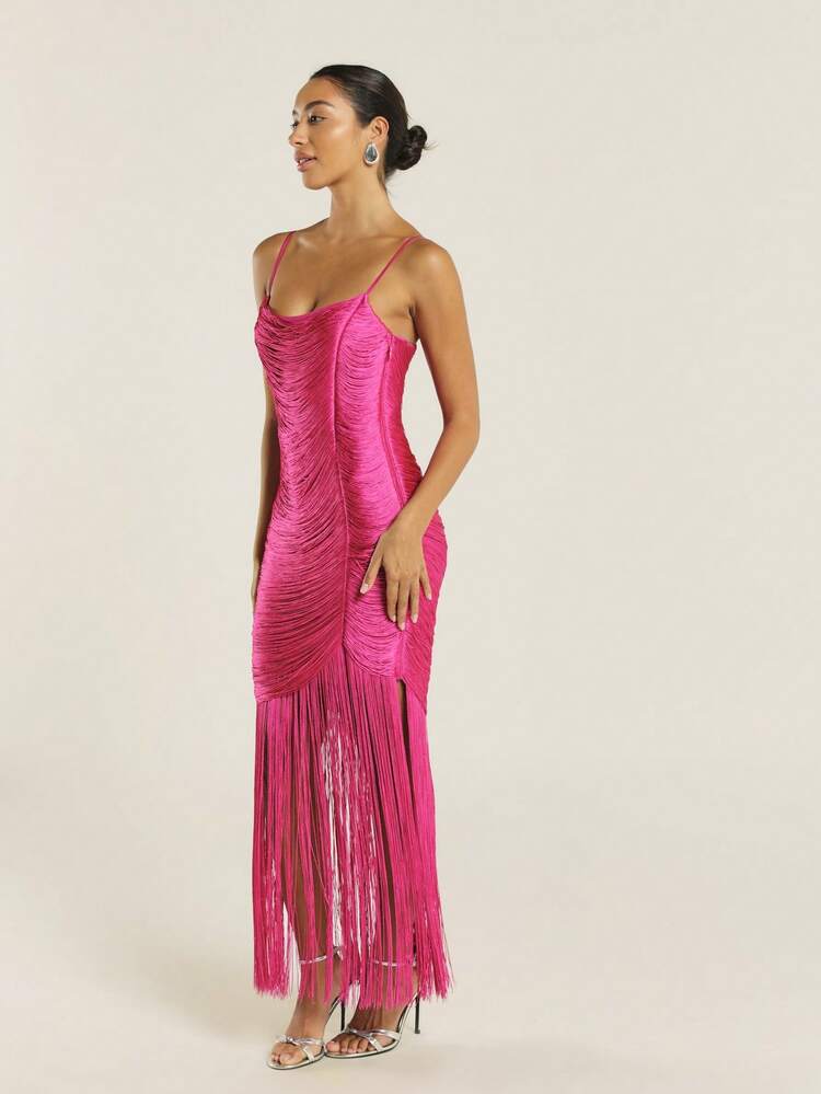 KSTM Women's Hot Pink Ruched Bodycon Midi Dress With Fringe Hem Detail Spaghetti Strap Evening Party Cocktail Dress