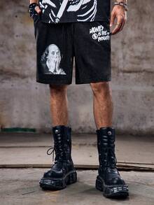 Skyrend Pantalones cortos estampados para hombres con efecto desgastado, con retratos de Franklin y patrones con temática de dinero, adecuados para el estilo casual de calle en verano - Negro - Ver 2