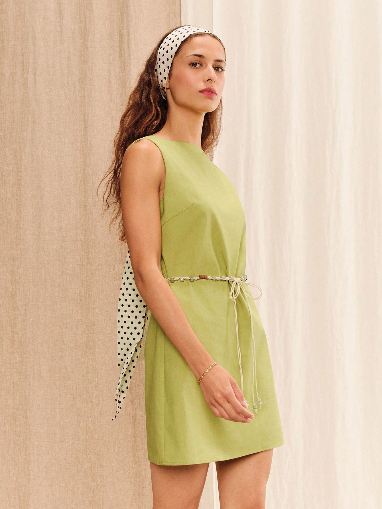 Elegant Green Linen Loose Fit Mini Dress With Boho Beaded Belt Summer Holiday Causal French Style Dress
