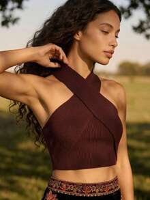 CAJUNI Minimalist Sexy Short Halter Neck Burgundy Top Casual And Elegant Night Out Summer - Brown - View 3