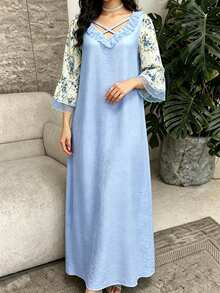 Al Najma 女款花卉印花蕾絲拼接百褶休閒派對阿拉伯風洋裝 - 彩色 - 查看 4
